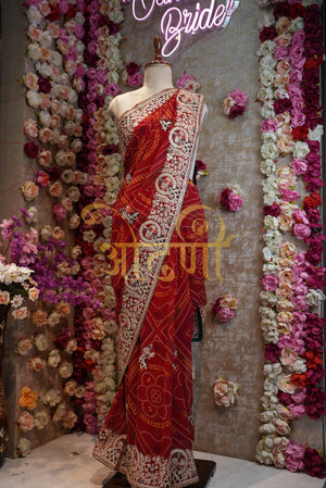 Rajasthani chunri print  Geogrette fabric saree with gota patti work contrast blouse ##SR0159