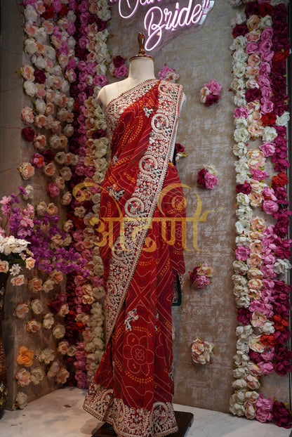Rajasthani chunri print  Geogrette fabric saree with gota patti work contrast blouse ##SR0159
