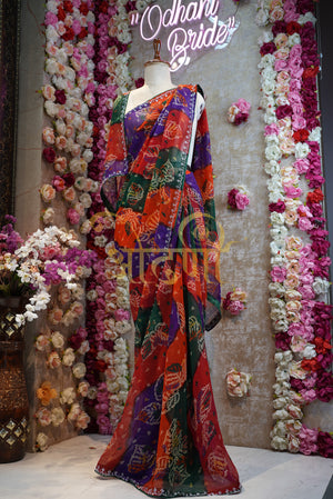 MOSS GEORGETTE RAJASTHANI PACHRANGI SAREE WITH SIROSKI BORDER & BUTA ##SR064