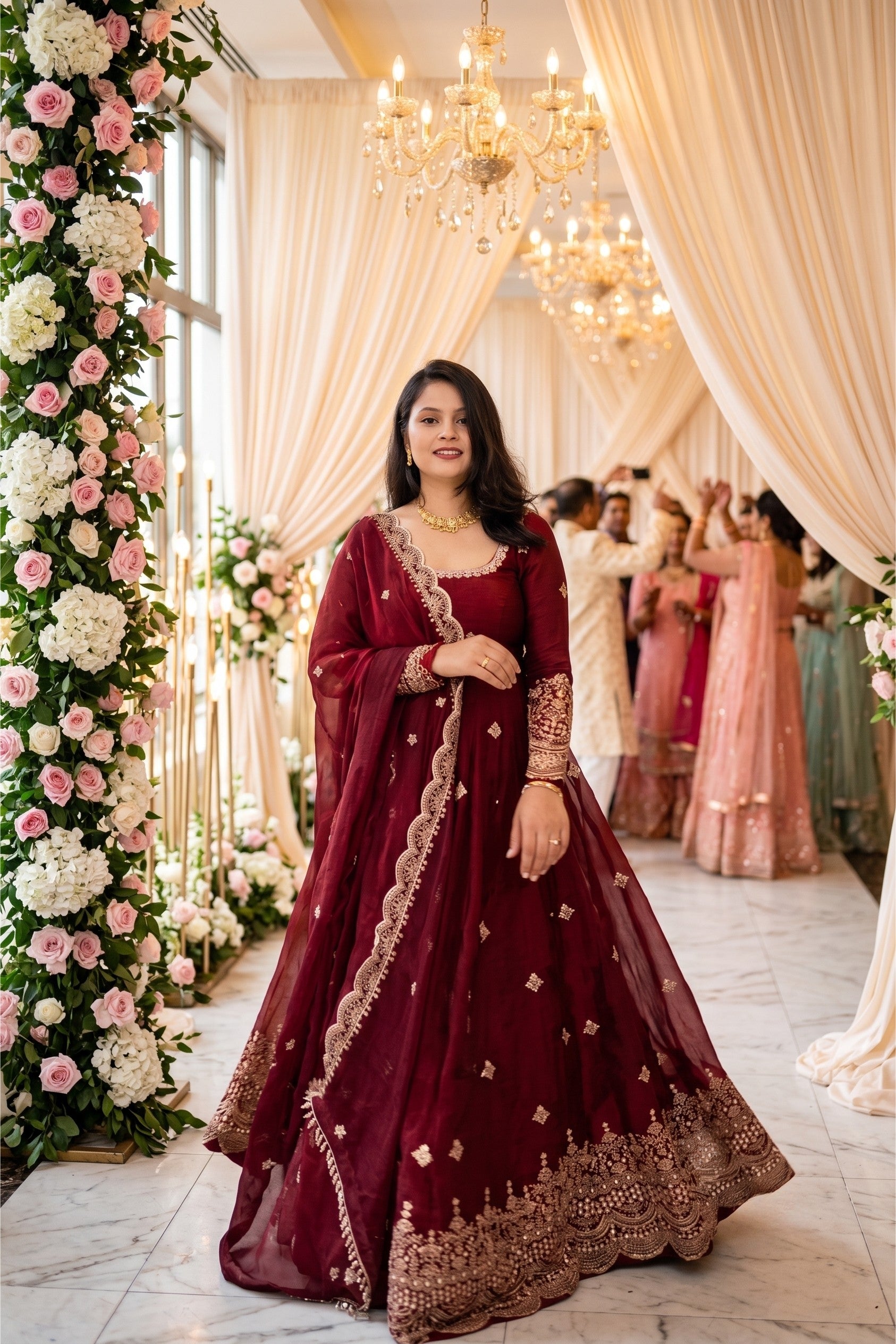 Designer Wedding & Party Wear Gown Set with Embroidered Dupatta