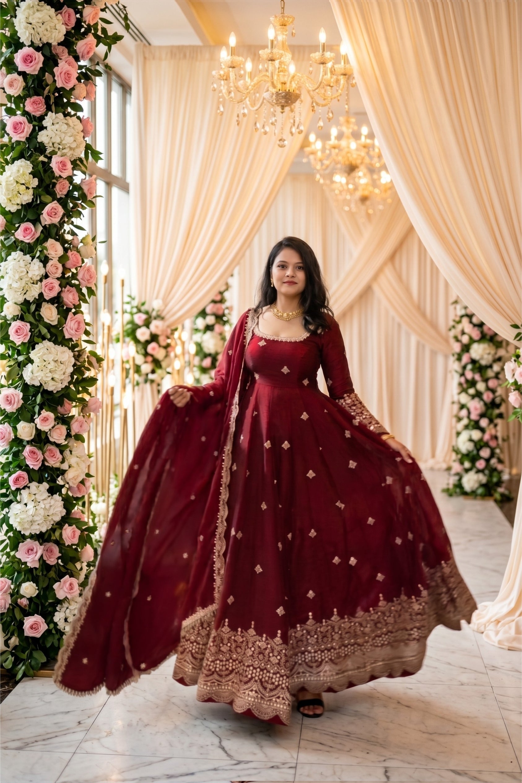 Designer Wedding & Party Wear Gown Set with Embroidered Dupatta
