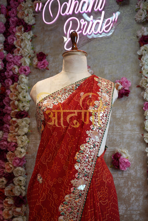 Rajasthani chunri viscose fabric  embroidery saree with contrast blouse ##SR0155