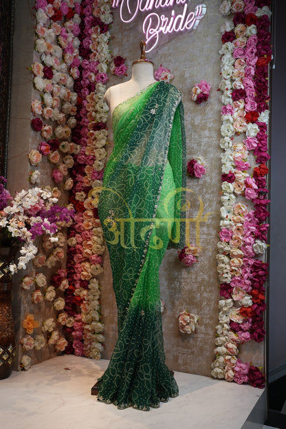 A Rajasthani Bandhani Saree Made of Georgette Fabric with Cutdana handwork##SR051