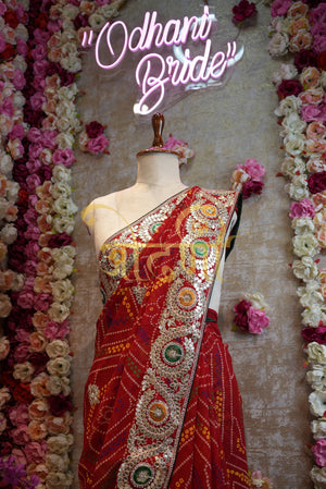 Rajasthani chunri print  Geogrette fabric saree with gota patti work contrast blouse ##SR0158