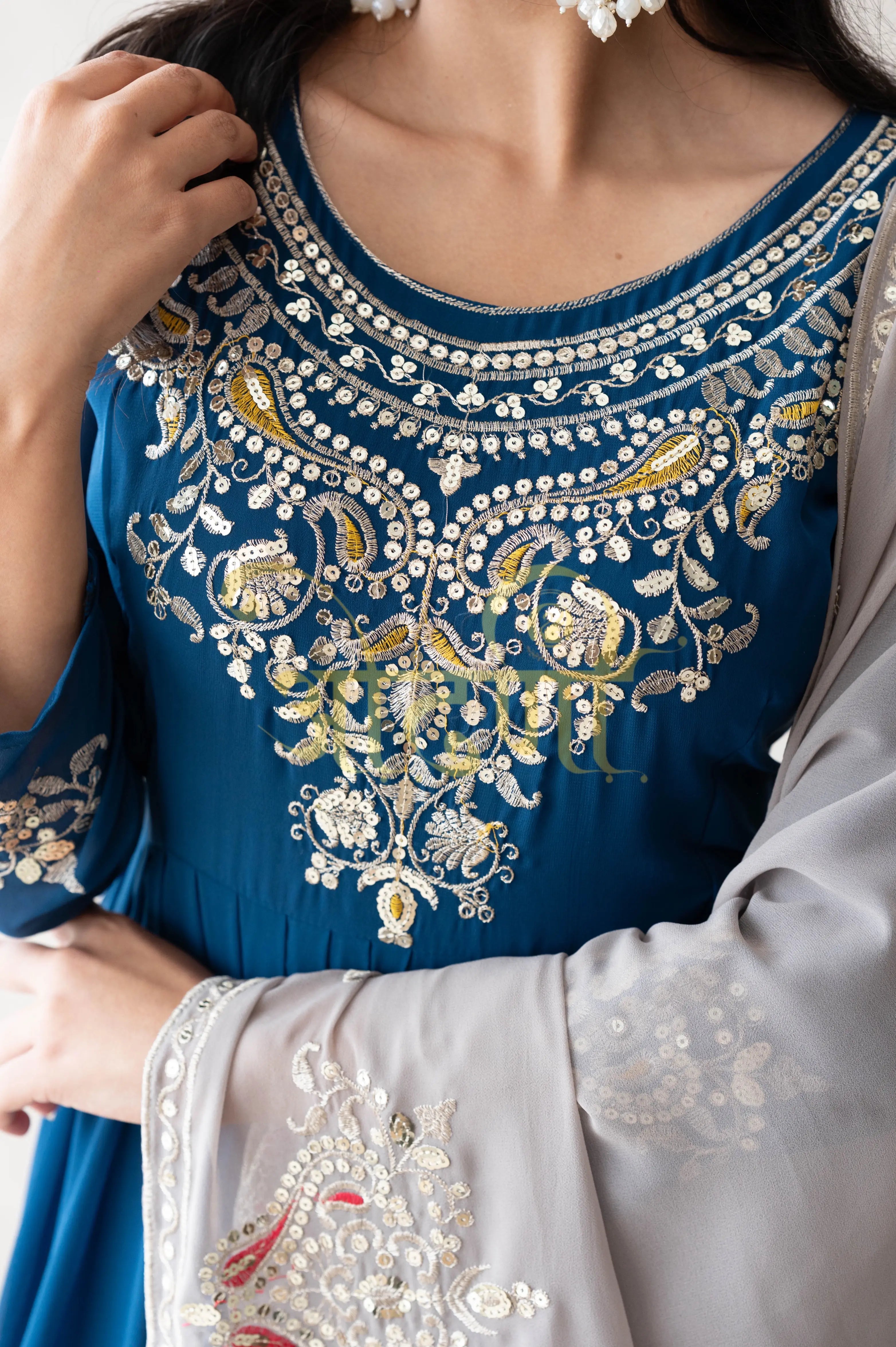 ANARKALI 3-PIECE SUIT WITH SEQUENCE WORK AND CONTRAST DUPATTA