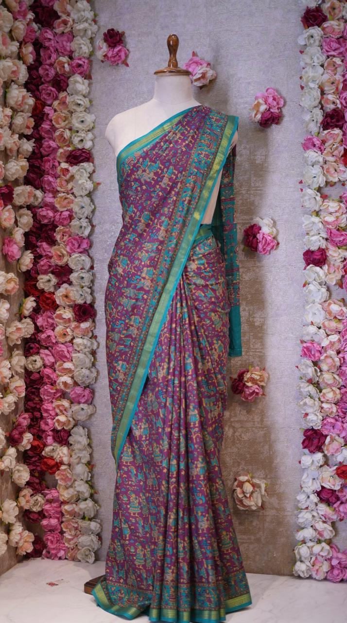 BANGALORE SILK SAREE WITH ZARRI BORDER WITH CULTURAL MOTIVE (WITH BLOUSE) ##SR602