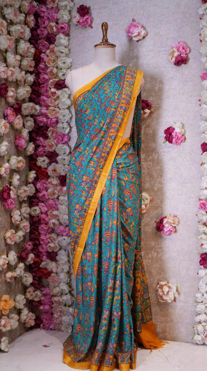 BANGALORE SILK SAREE WITH ZARRI BORDER WITH CULTURAL MOTIVE (WITH BLOUSE) ##SR602
