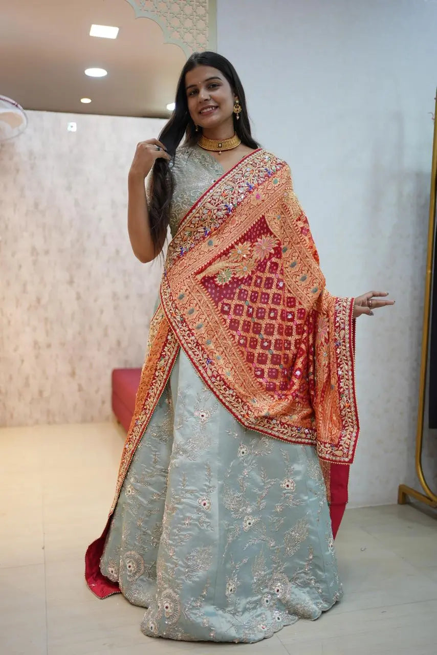 Pila Bandhani Dupatta with Heavy Zari & Embroidery Work