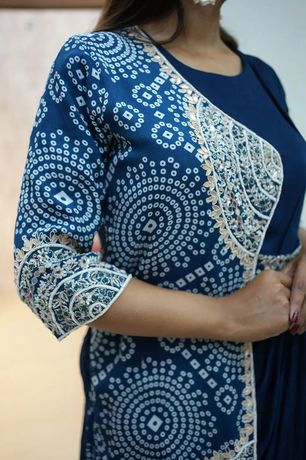 Navy Blue Bandhani Style Co-ord Saree Set – Elegant Indo-Western Wear