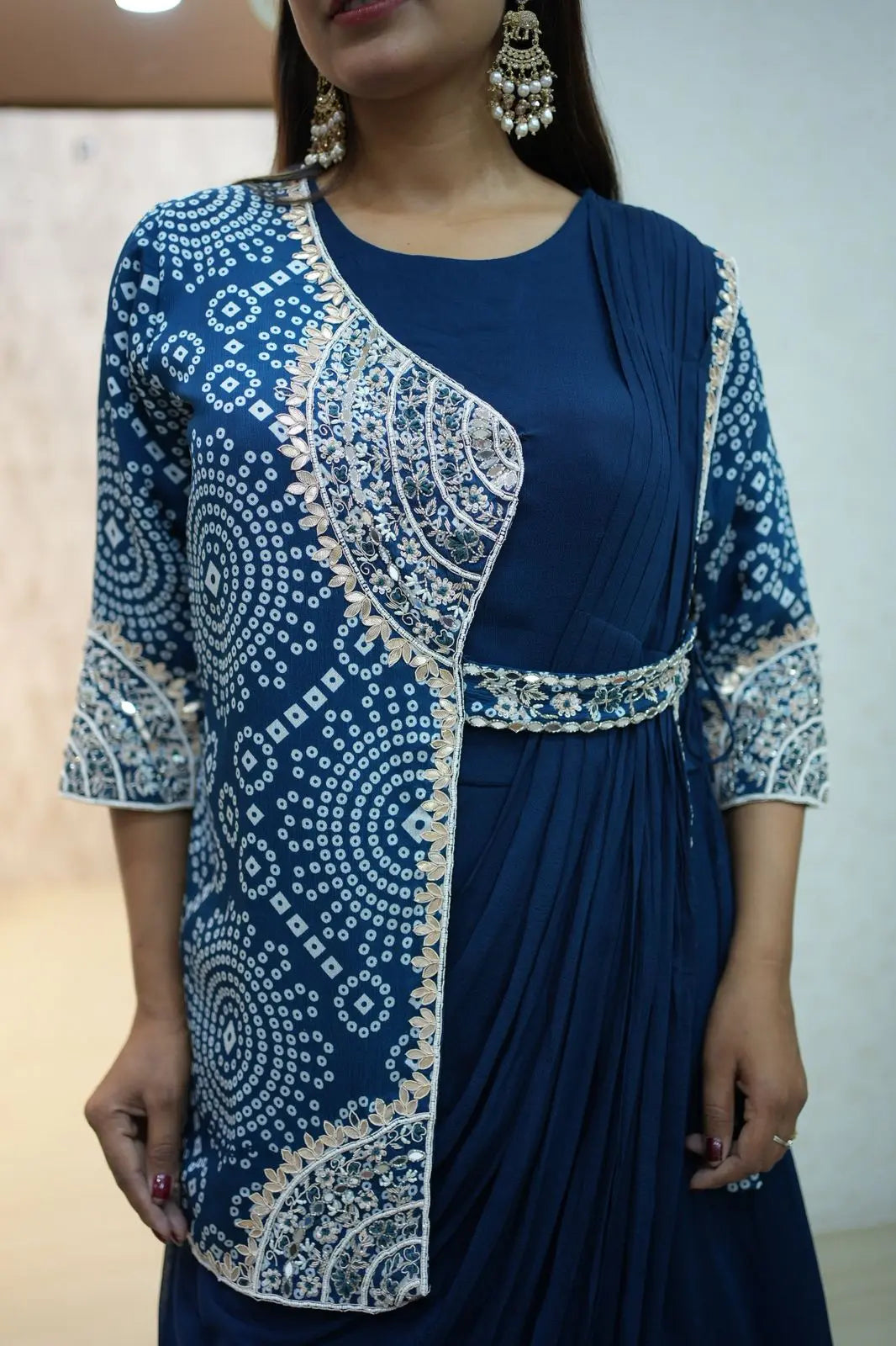 Navy Blue Bandhani Style Co-ord Saree Set – Elegant Indo-Western Wear