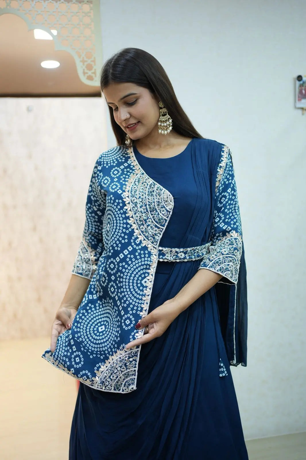 Navy Blue Bandhani Style Co-ord Saree Set – Elegant Indo-Western Wear