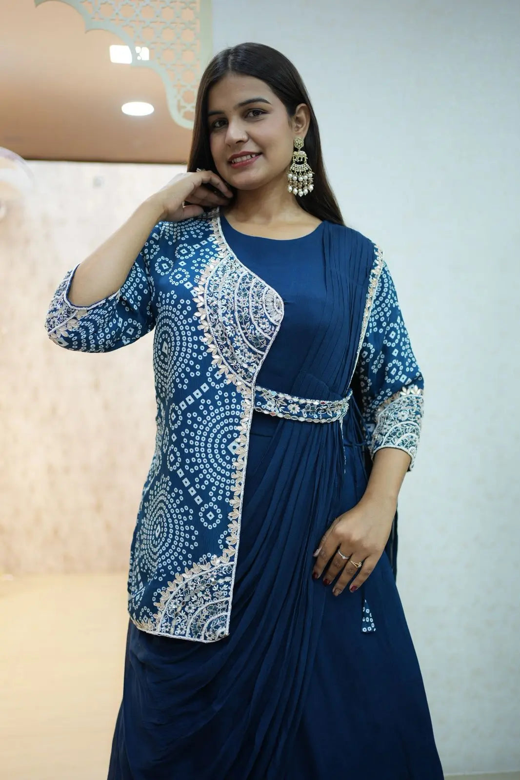 Navy Blue Bandhani Style Co-ord Saree Set – Elegant Indo-Western Wear