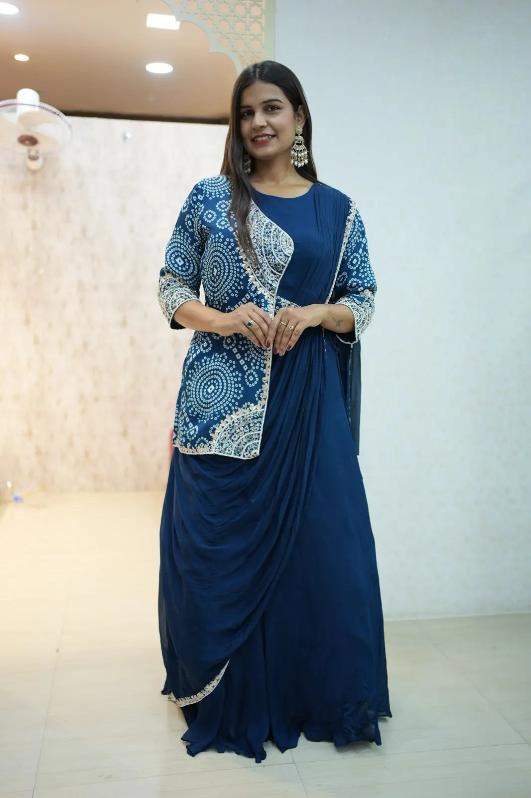 Navy Blue Bandhani Style Co-ord Saree Set – Elegant Indo-Western Wear