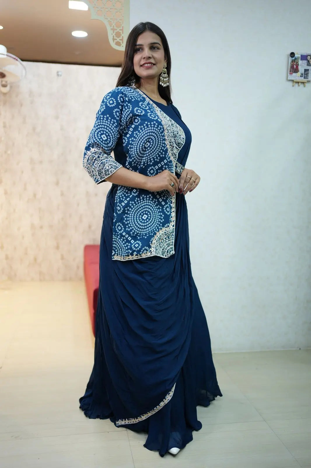 Navy Blue Bandhani Style Co-ord Saree Set – Elegant Indo-Western Wear