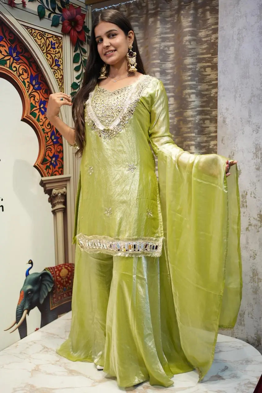 Lime Green Festive Sharara Set with Mirror & Zari Embroidery Work