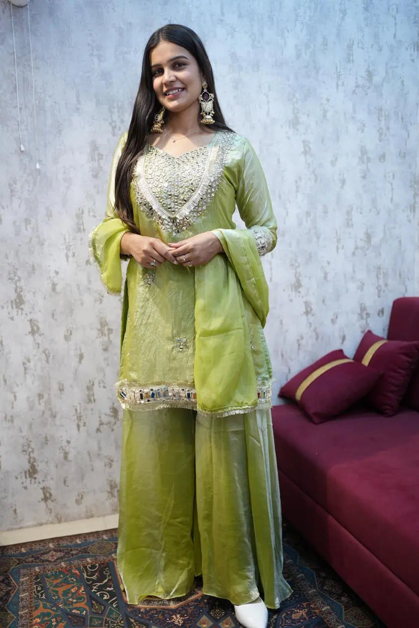 Lime Green Festive Sharara Set with Mirror & Zari Embroidery Work