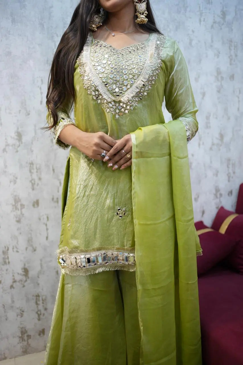 Lime Green Festive Sharara Set with Mirror & Zari Embroidery Work