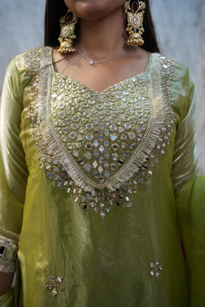 Lime Green Festive Sharara Set with Mirror & Zari Embroidery Work