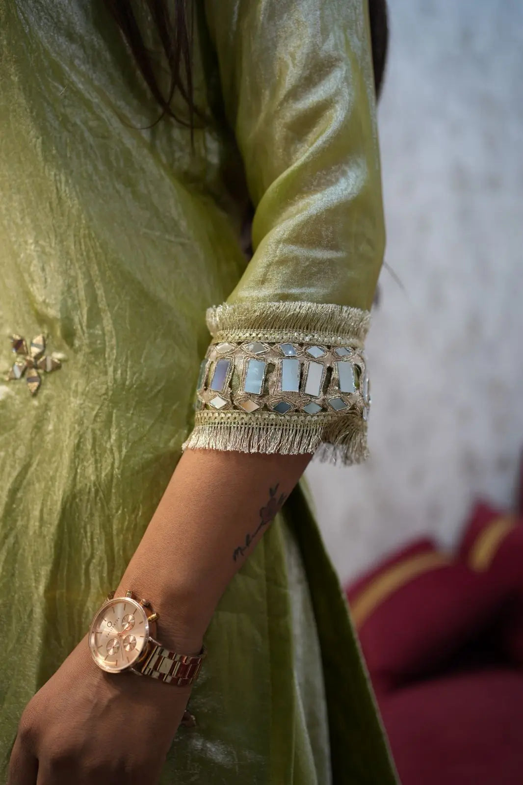 Lime Green Festive Sharara Set with Mirror & Zari Embroidery Work