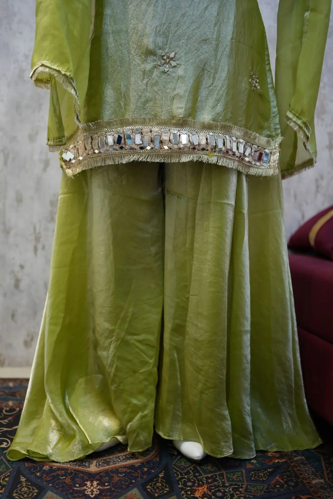 Lime Green Festive Sharara Set with Mirror & Zari Embroidery Work