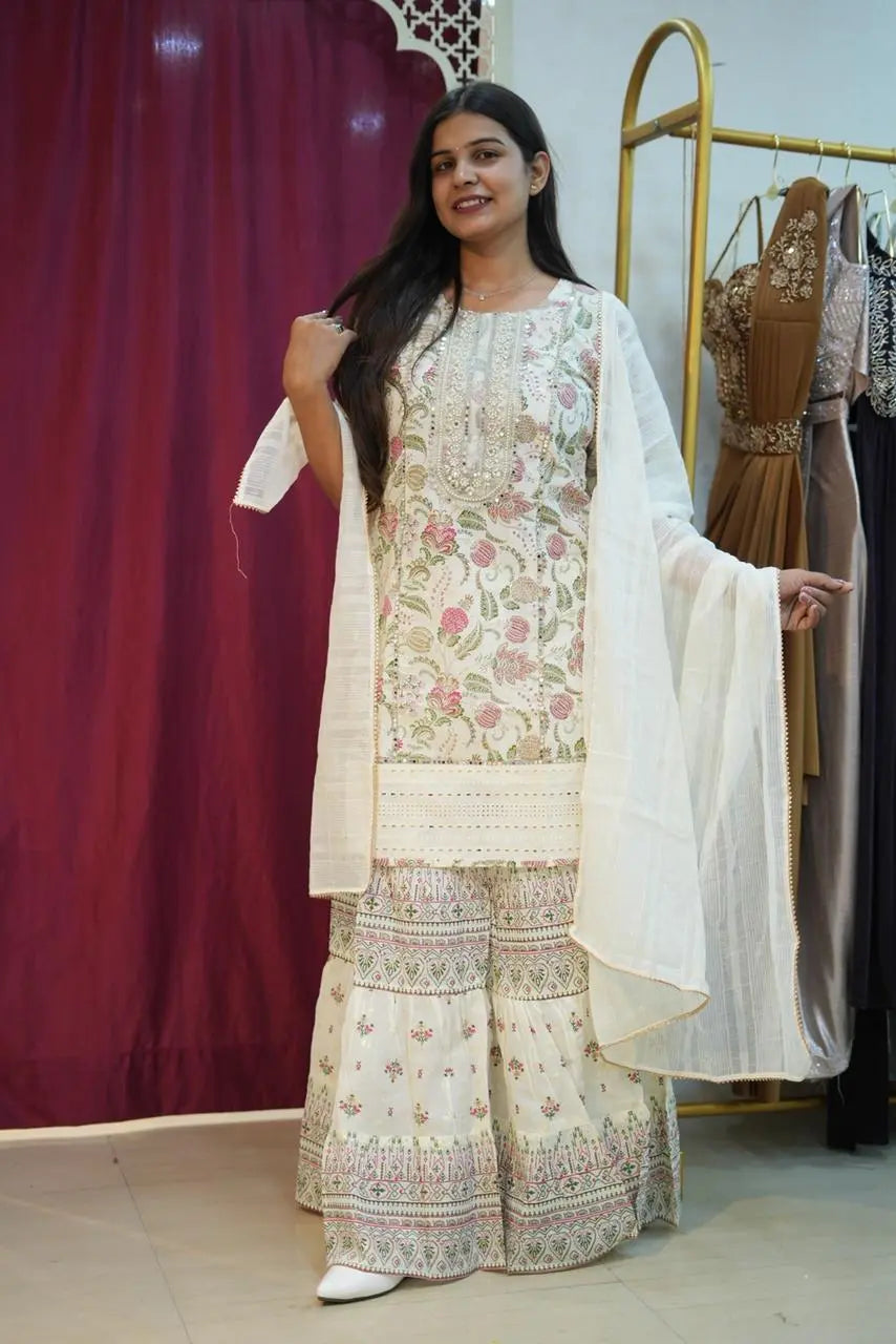 Elegant Ivory Floral Kurta Sharara Set with Dupatta
