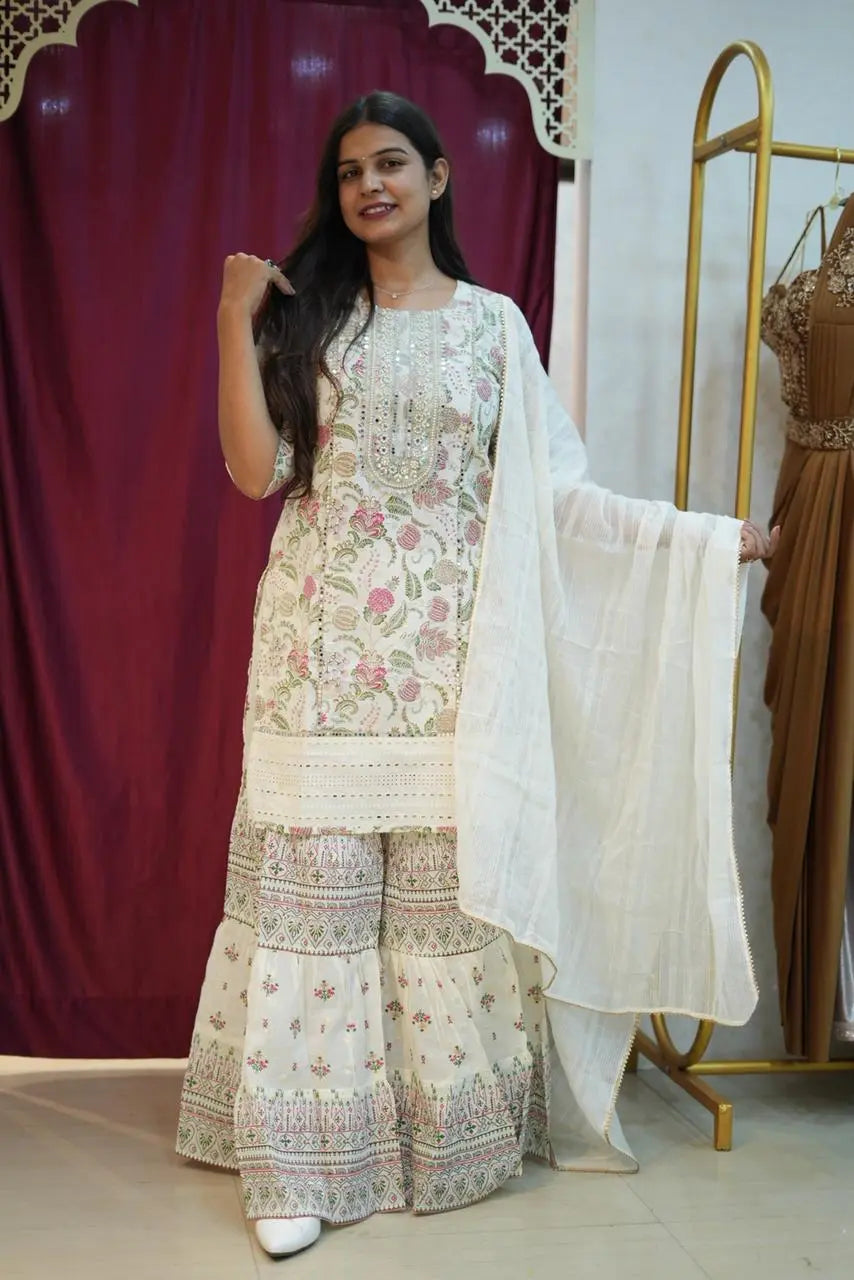 Elegant Ivory Floral Kurta Sharara Set with Dupatta