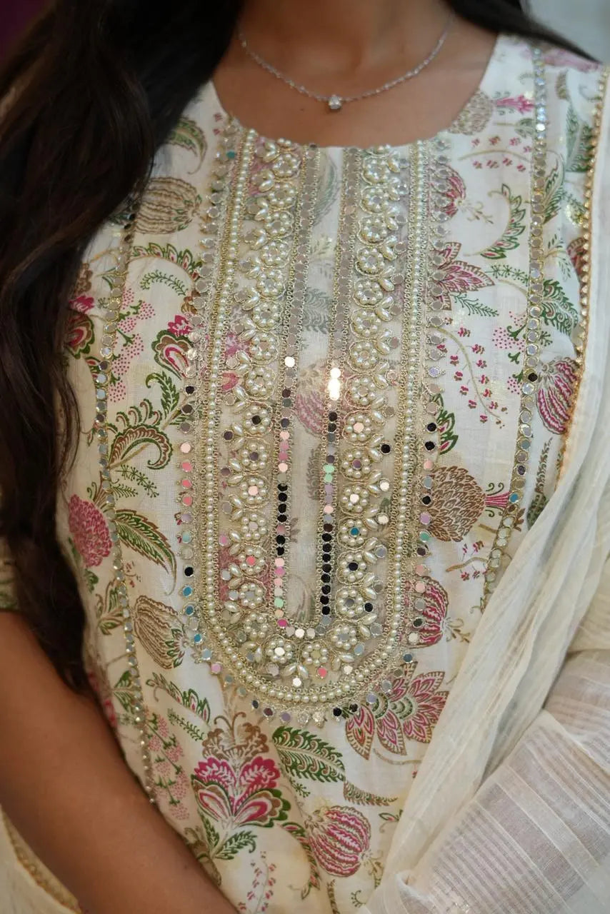 Elegant Ivory Floral Kurta Sharara Set with Dupatta