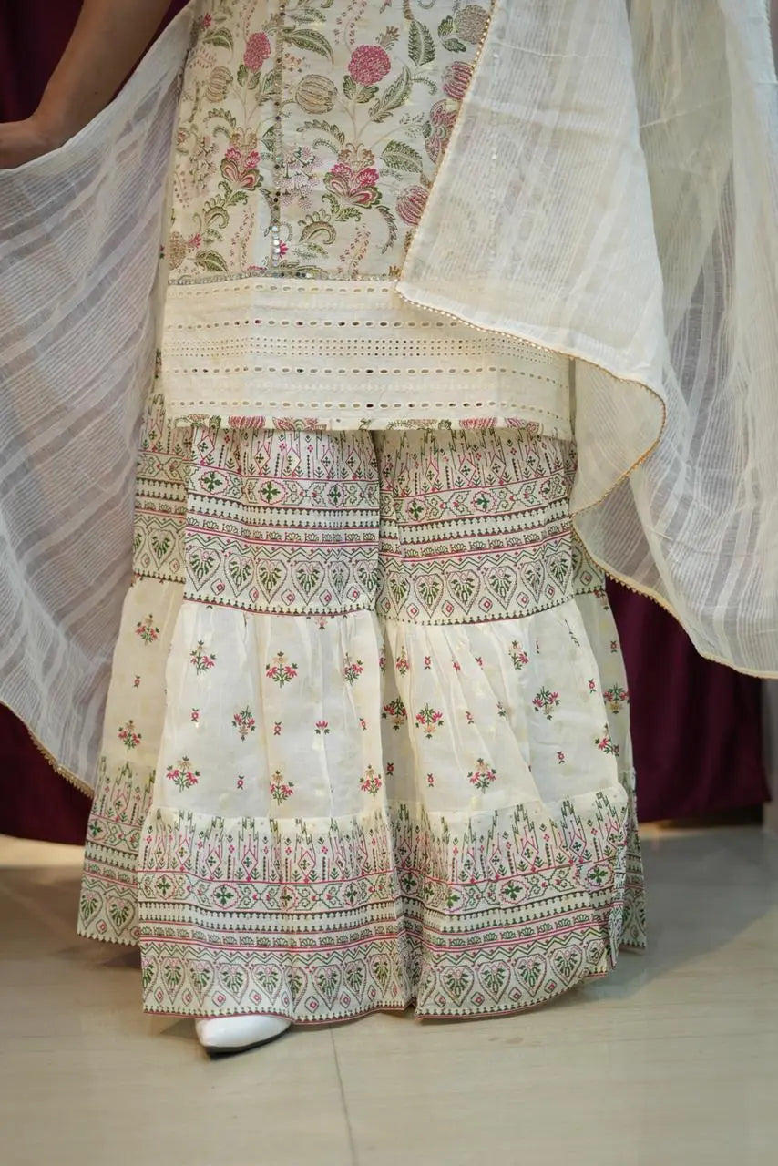 Elegant Ivory Floral Kurta Sharara Set with Dupatta