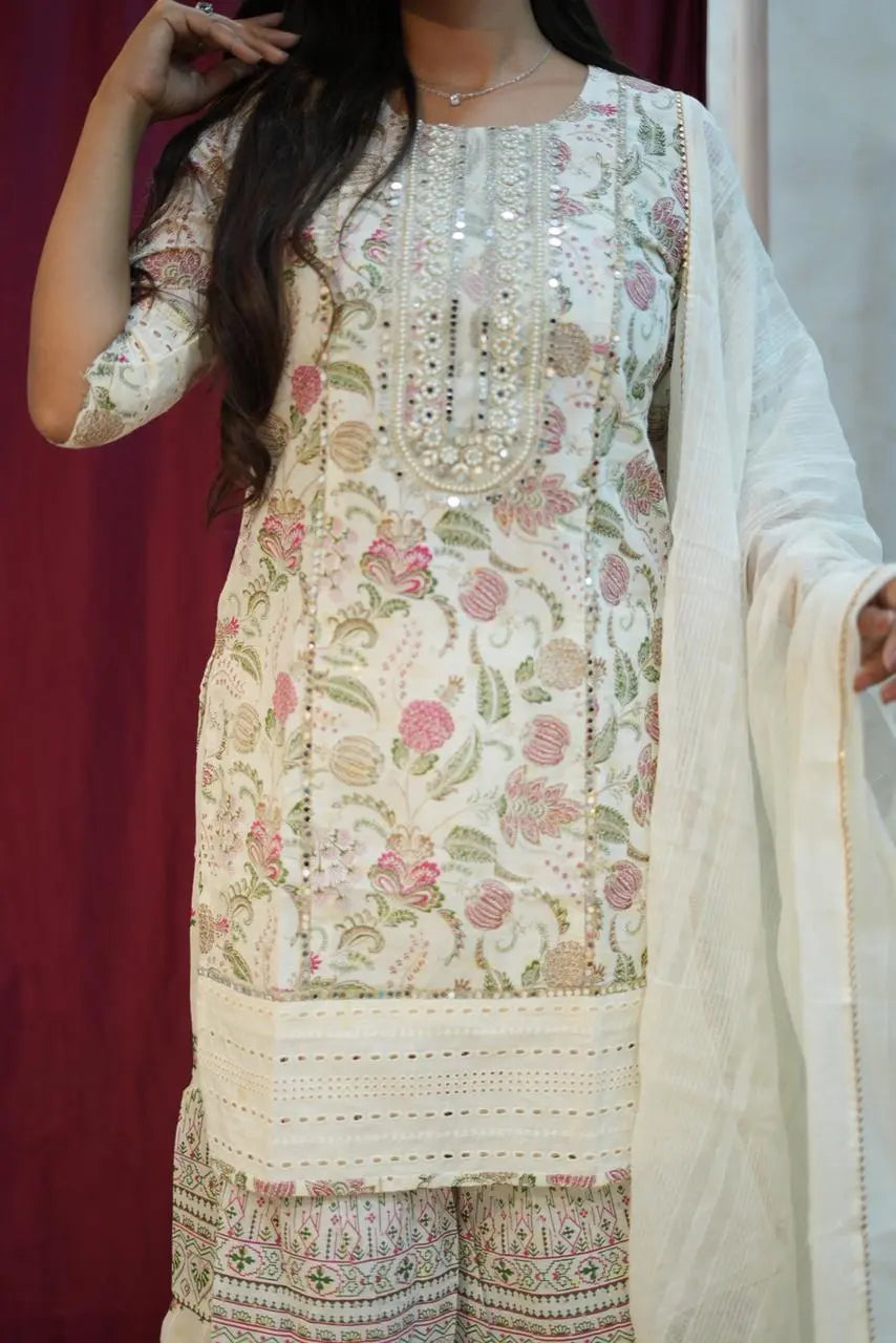 Elegant Ivory Floral Kurta Sharara Set with Dupatta