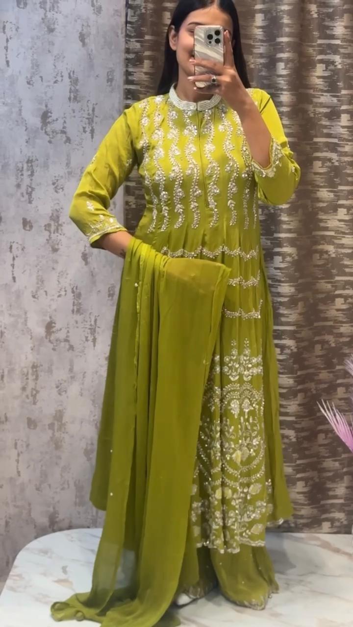 Elegant Olive Green Embroidered Anarkali Suit Set with Dupatta