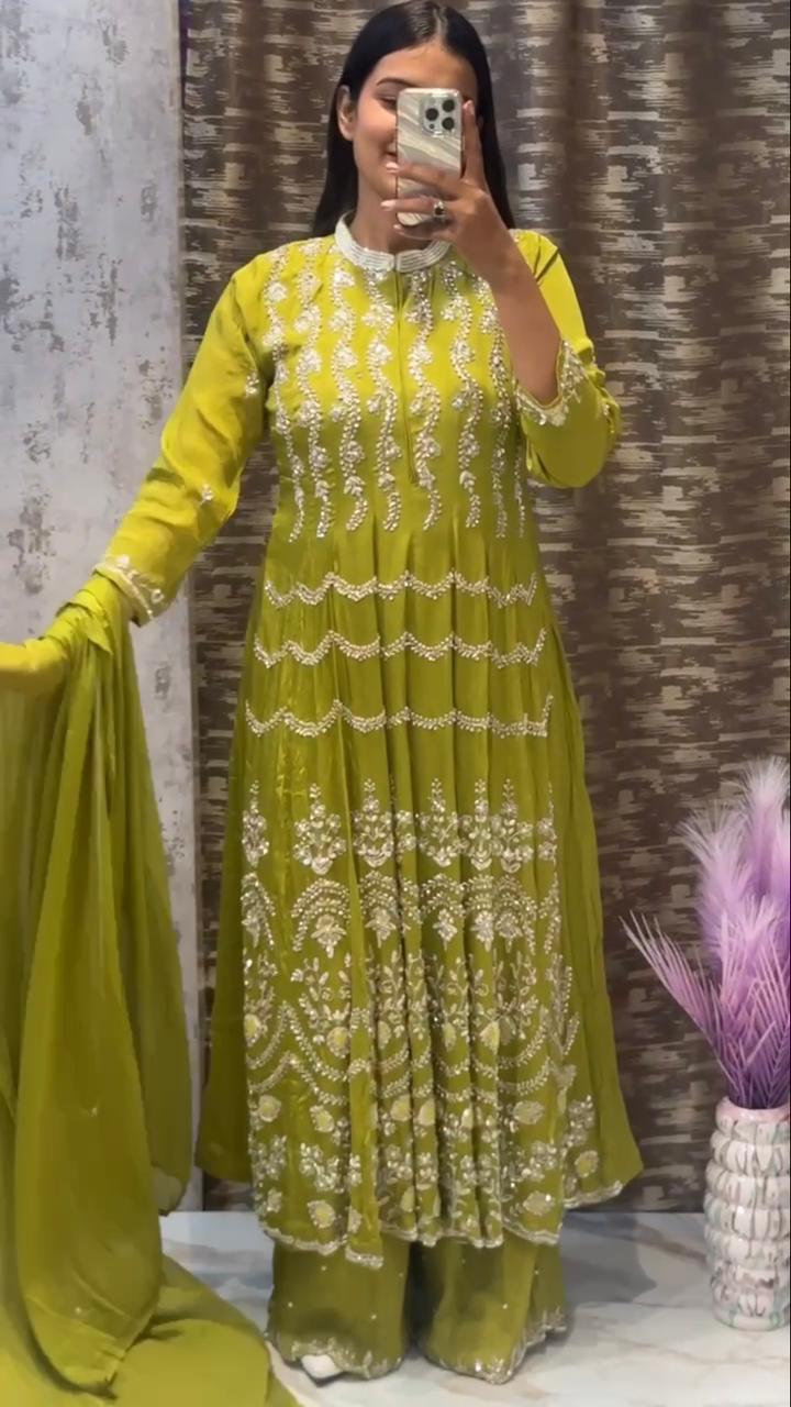 Elegant Olive Green Embroidered Anarkali Suit Set with Dupatta