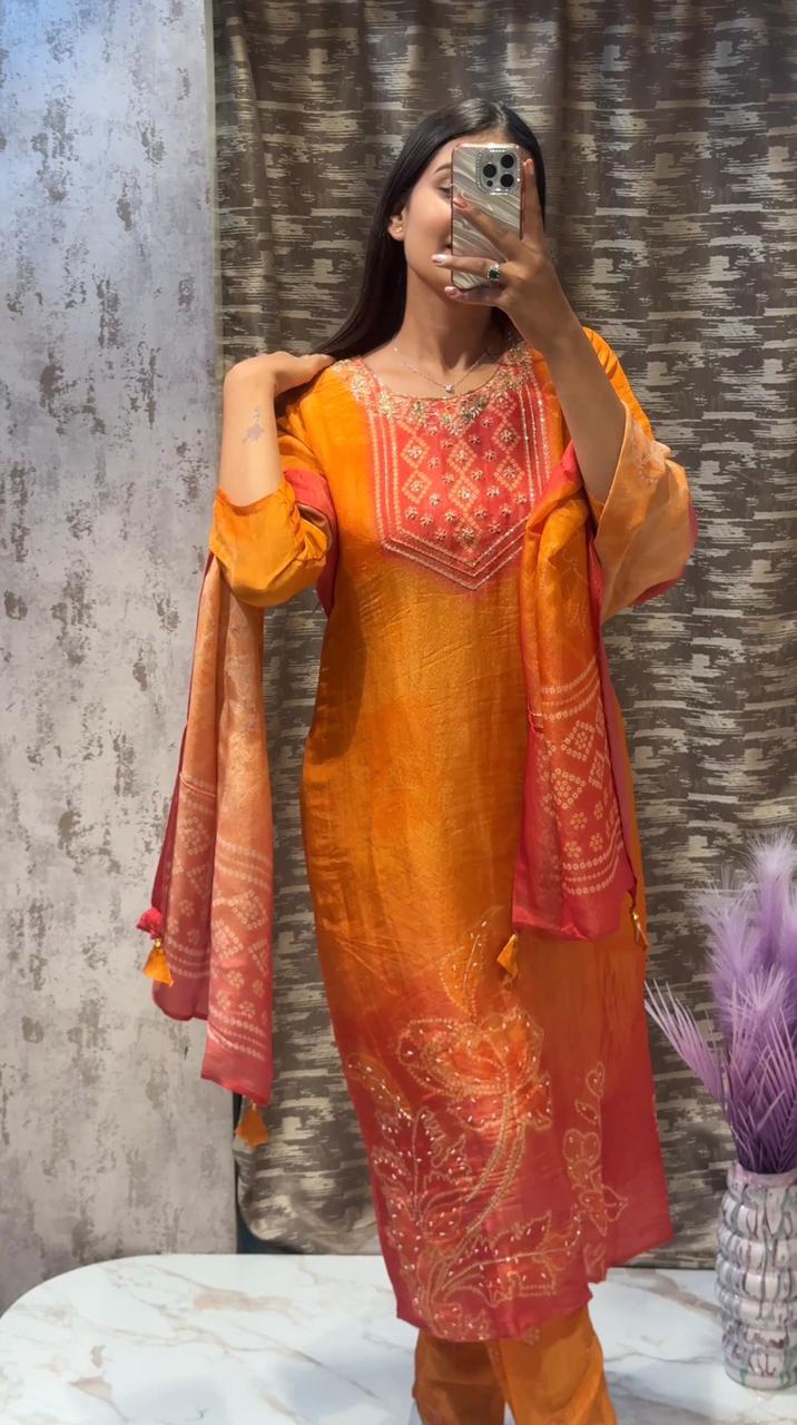 Sunset Orange Ombre Kurta Set with Embroidered Neck & Shaded Dupatta