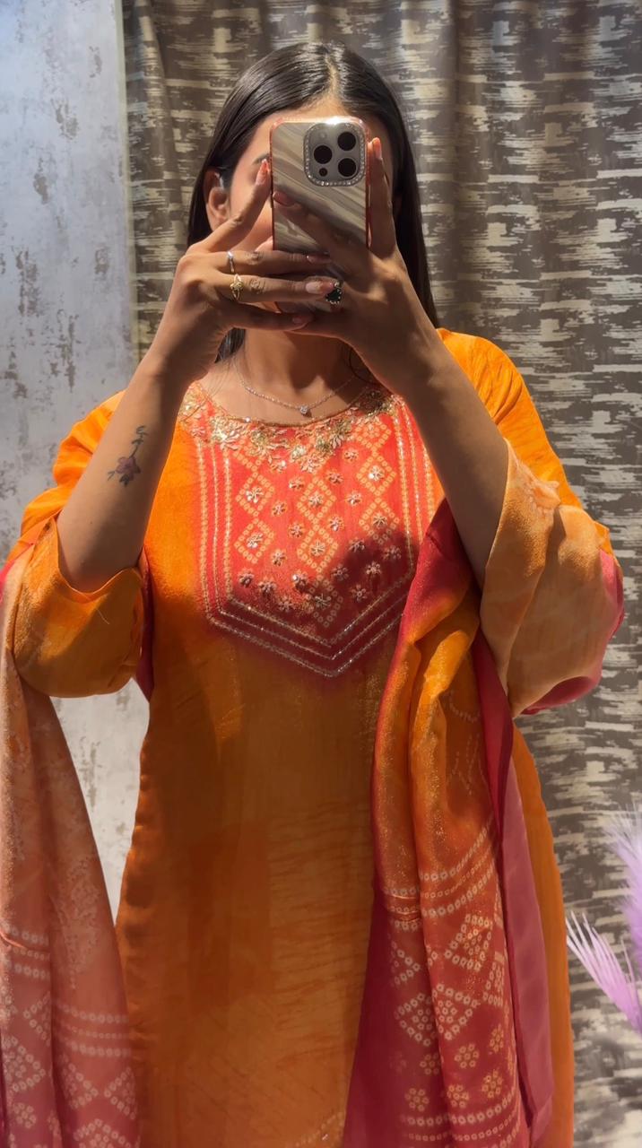Sunset Orange Ombre Kurta Set with Embroidered Neck & Shaded Dupatta
