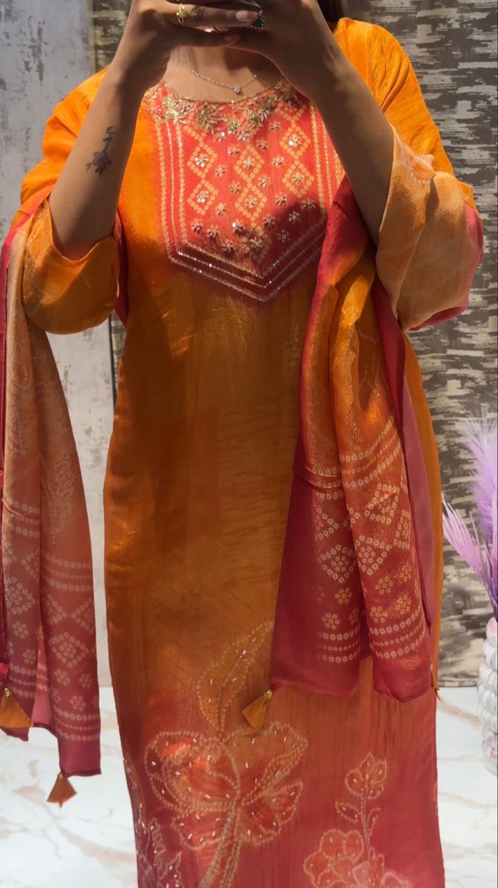 Sunset Orange Ombre Kurta Set with Embroidered Neck & Shaded Dupatta