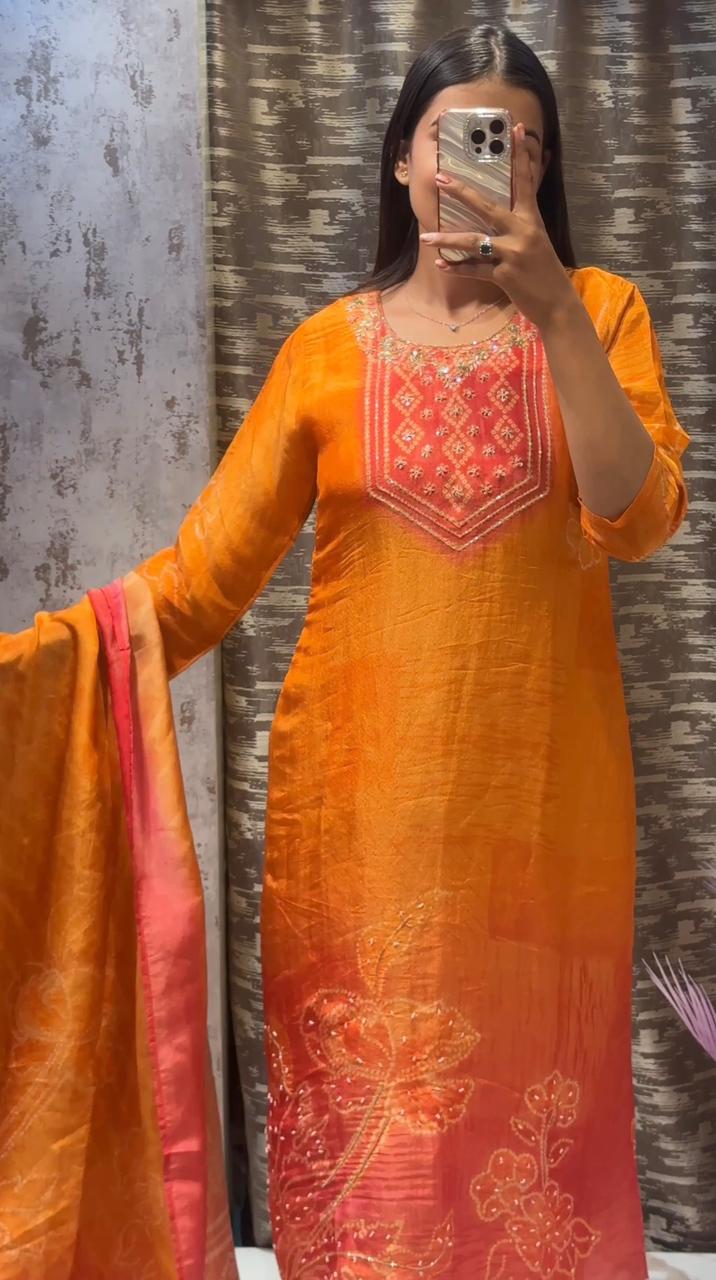 Sunset Orange Ombre Kurta Set with Embroidered Neck & Shaded Dupatta