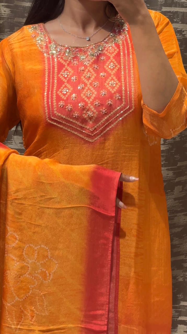 Sunset Orange Ombre Kurta Set with Embroidered Neck & Shaded Dupatta