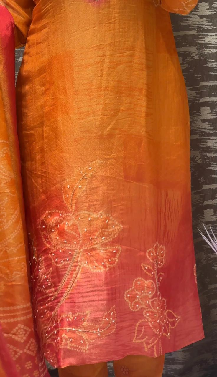 Sunset Orange Ombre Kurta Set with Embroidered Neck & Shaded Dupatta
