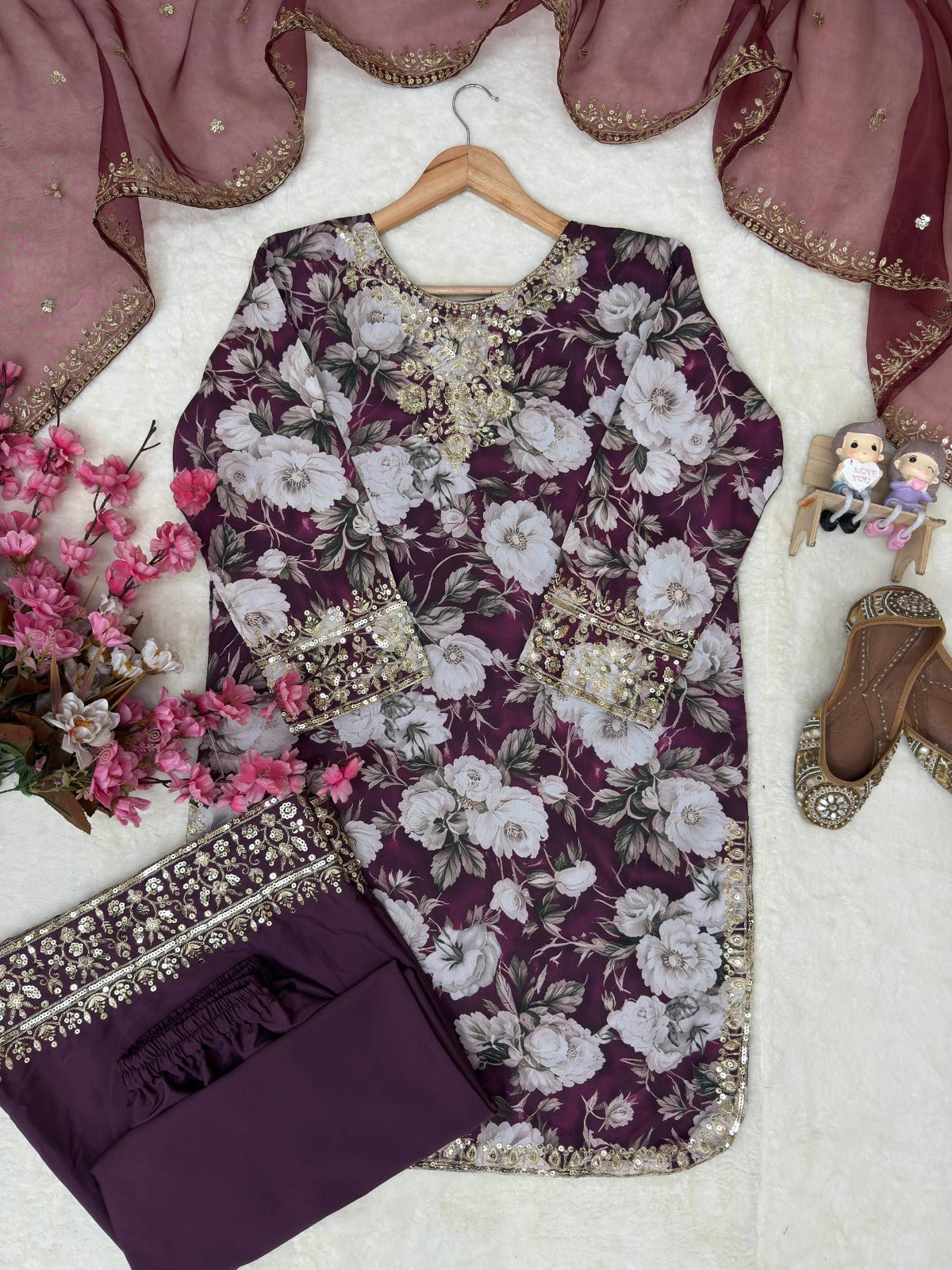 Premium Kurti Plazzo Set with Digital Print and Organza Silk Dupatta