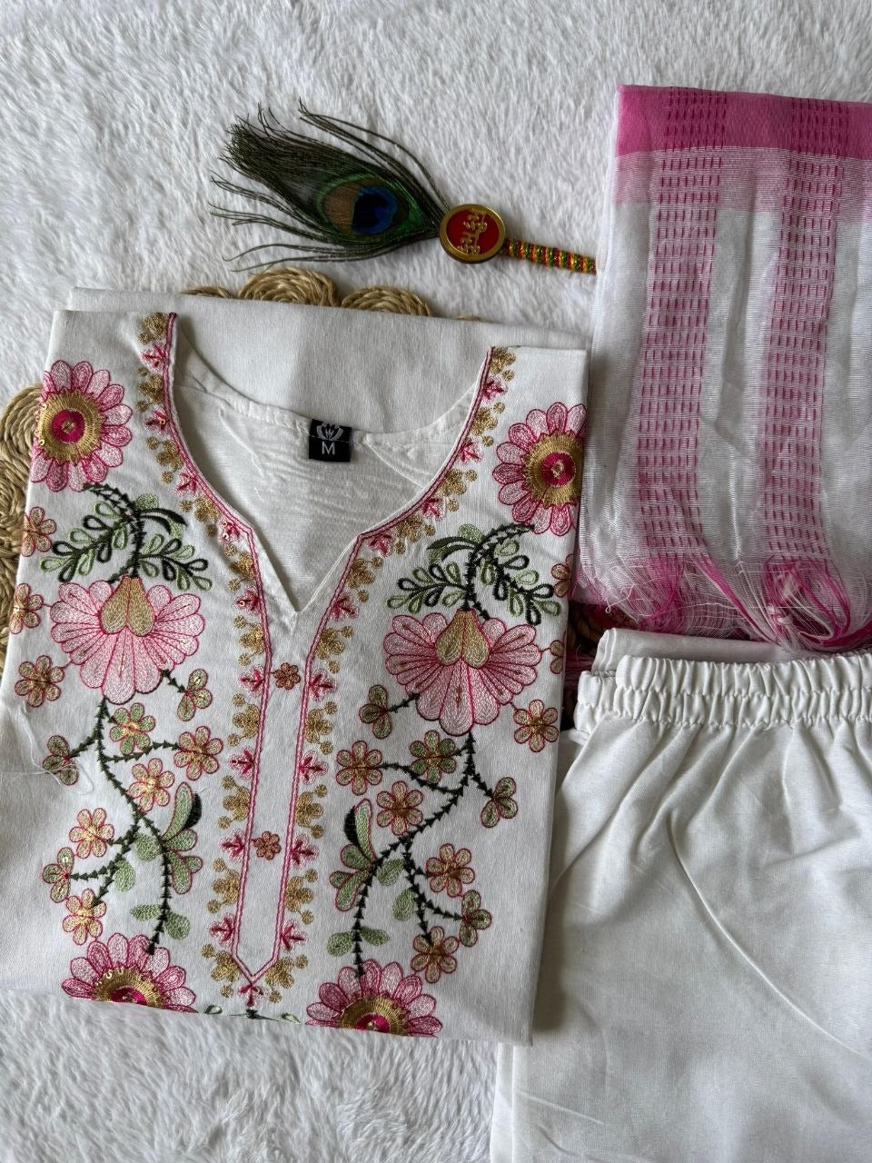 Pure Khadi Cotton Embroidered Kurti Pant Set with Elegant Tassel Dupatta