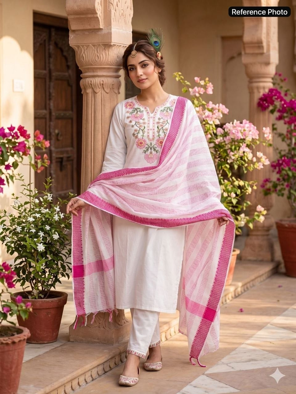 Pure Khadi Cotton Embroidered Kurti Pant Set with Elegant Tassel Dupatta