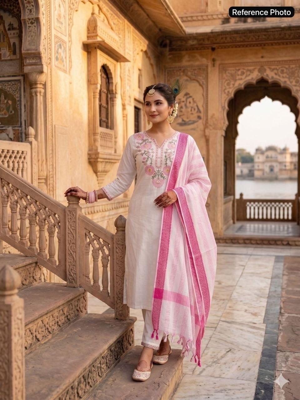 Pure Khadi Cotton Embroidered Kurti Pant Set with Elegant Tassel Dupatta