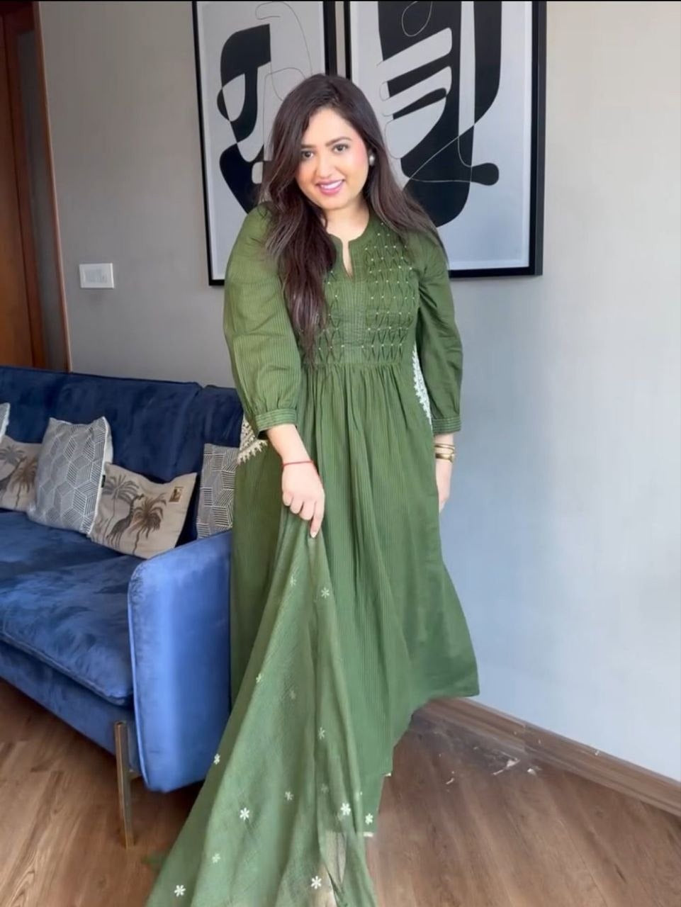 Green Velly Branded Cotton Suit Set with Hand Buti Work, Designer Neck & Matching Dupatta