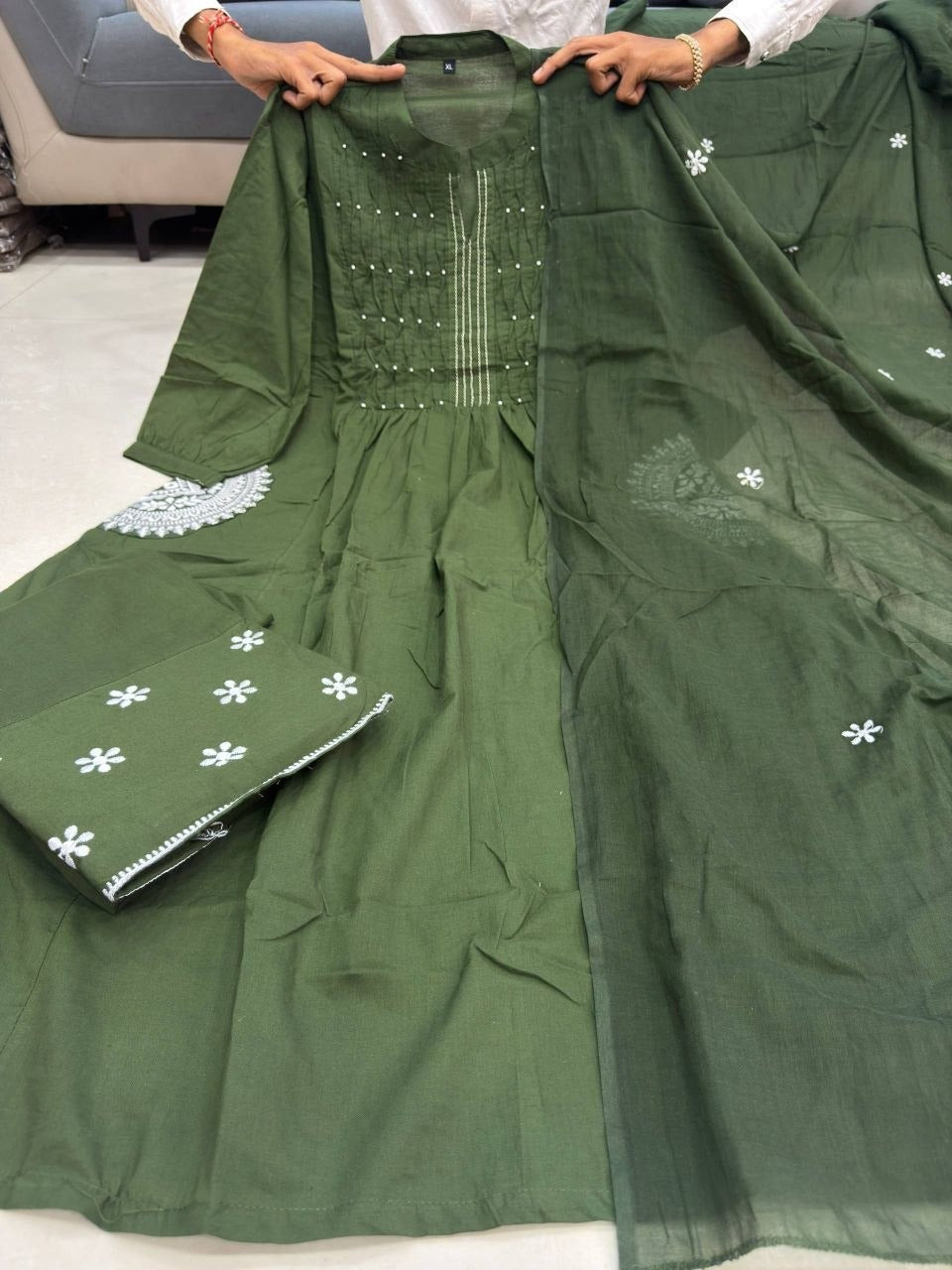 Green Velly Branded Cotton Suit Set with Hand Buti Work, Designer Neck & Matching Dupatta