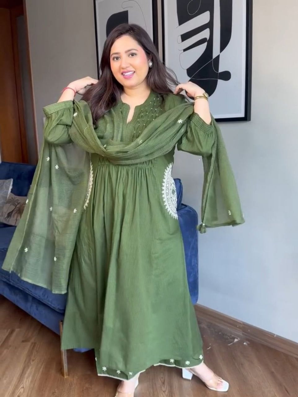 Green Velly Branded Cotton Suit Set with Hand Buti Work, Designer Neck & Matching Dupatta