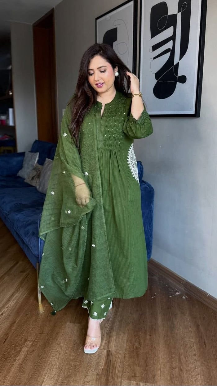 Green Velly Branded Cotton Suit Set with Hand Buti Work, Designer Neck & Matching Dupatta