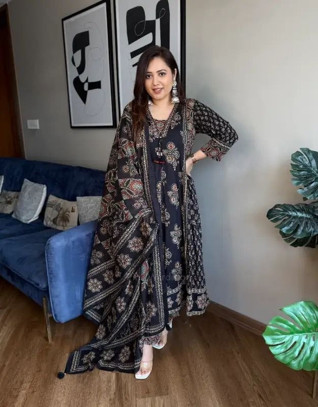 Pure Cotton Ajrakh Print Anarkali Suit Set with Handwork Neckline & Dupatta