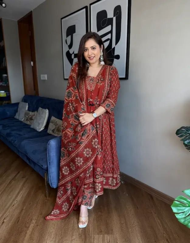 Pure Cotton Ajrakh Print Anarkali Suit Set with Handwork Neckline & Dupatta