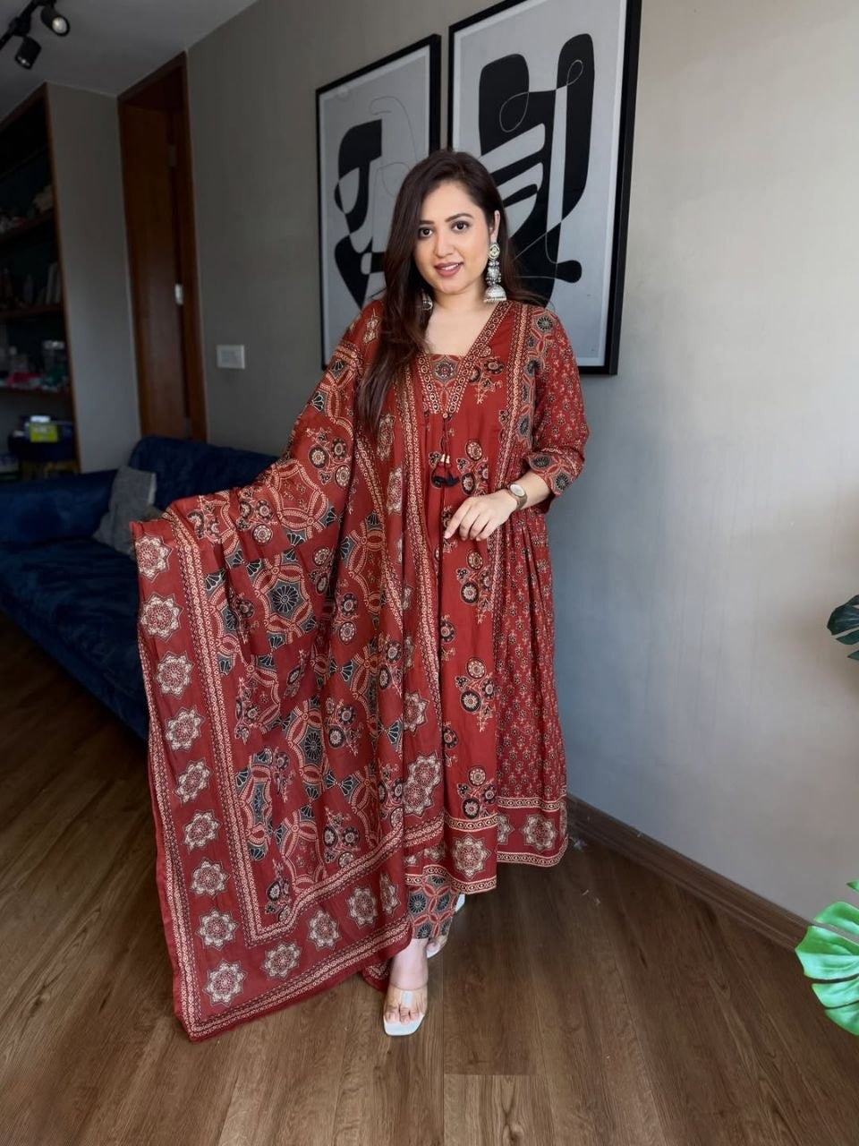 Pure Cotton Ajrakh Print Anarkali Suit Set with Handwork Neckline & Dupatta