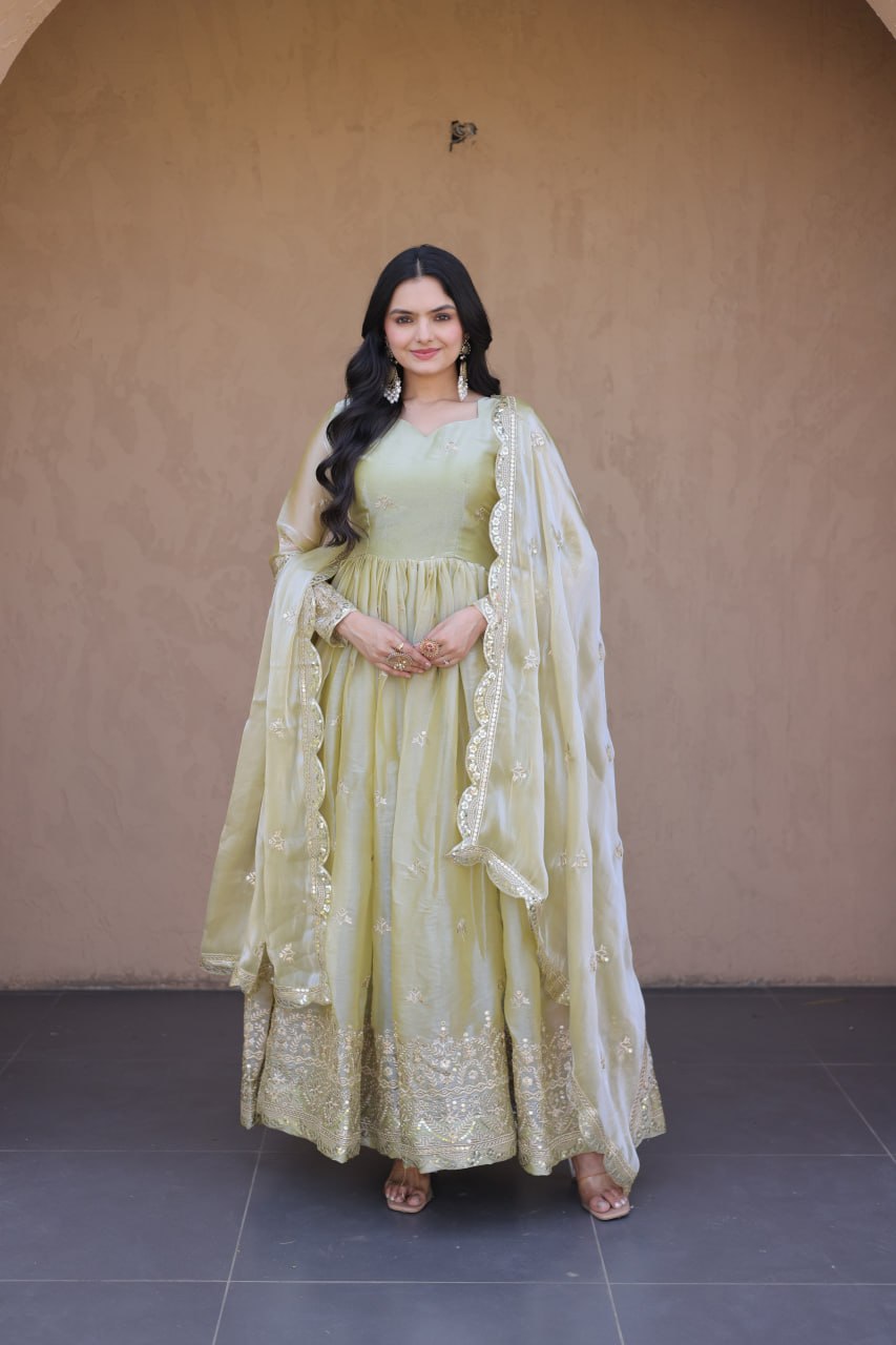Elegant Party Wear Fendi Silk Gown with Zari Sequins Dupatta