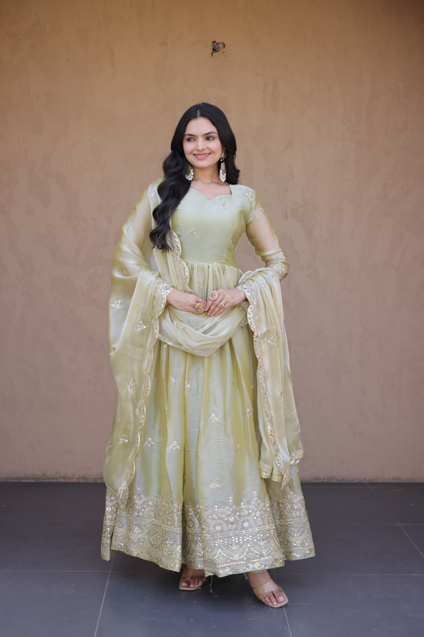 Elegant Party Wear Fendi Silk Gown with Zari Sequins Dupatta